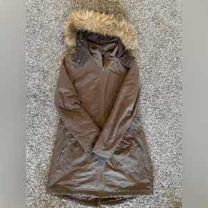 a.n.a Brown Faux-Fur Hooded Trench Coat